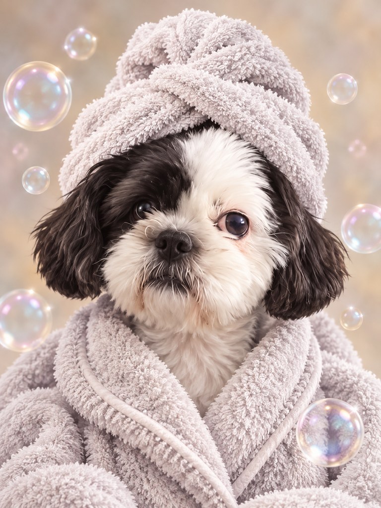 Buster in the Bubble Bath AI pet portrait style