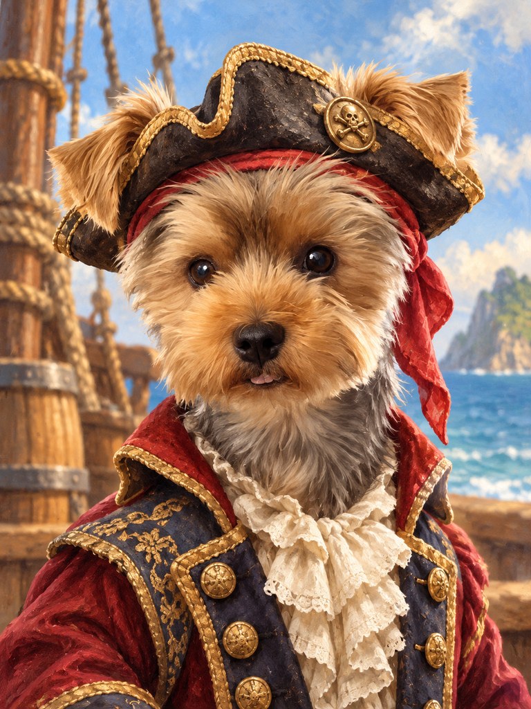 Milly in the Captain Fluffy AI pet portrait style