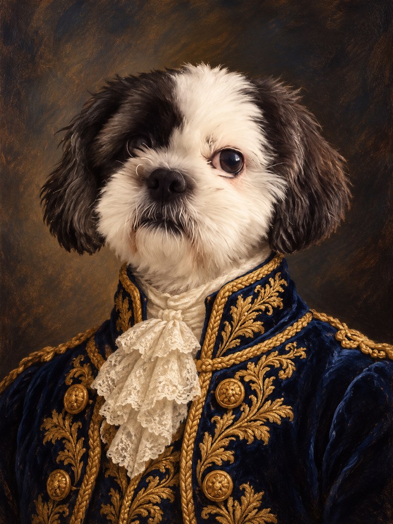 Buster in the The Royal AI pet portrait style