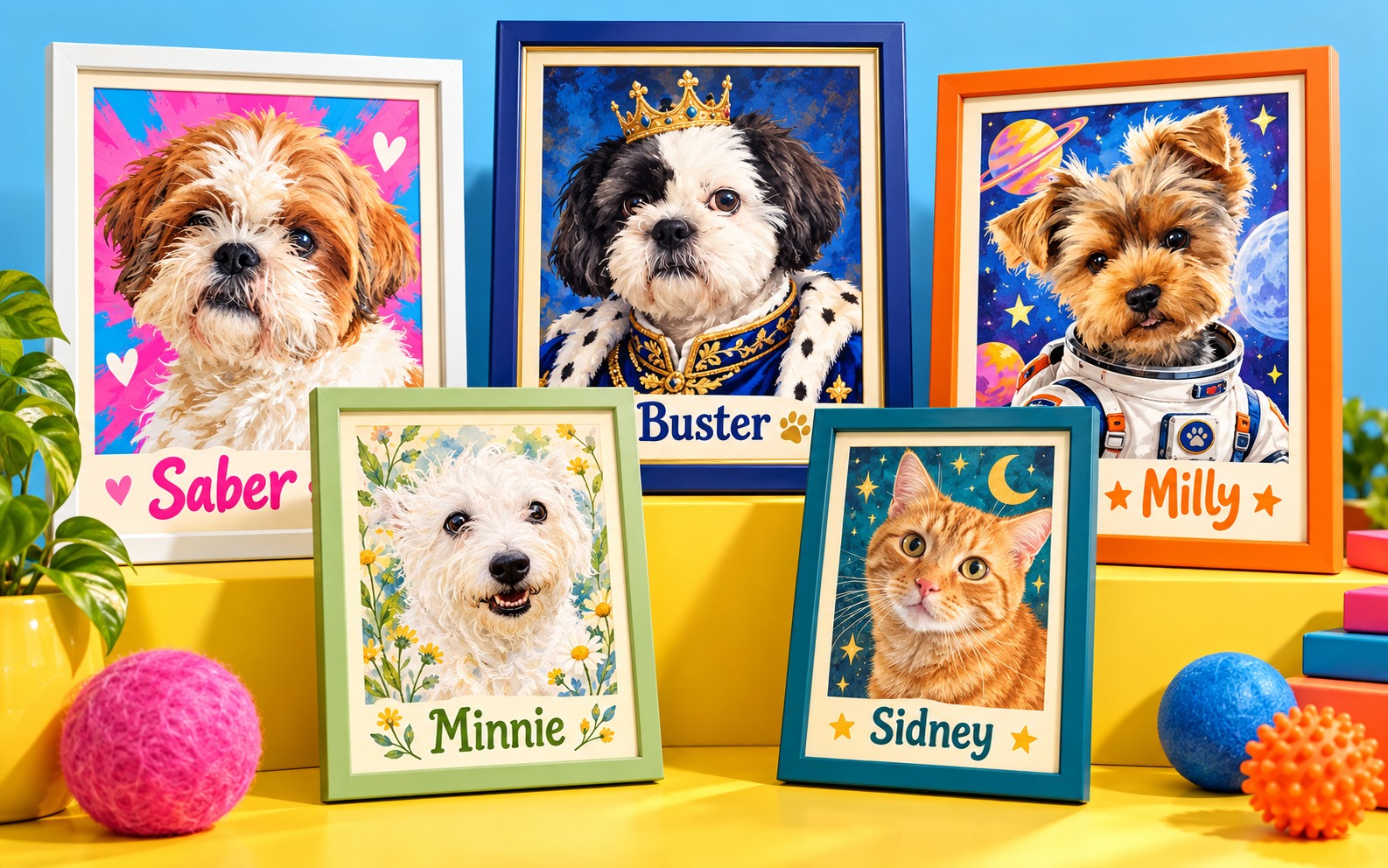 Saber in pop art, Buster as royalty, Milly the astronaut, Minnie in watercolour and Sidney in storybook art, displayed as colourful framed pet portraits