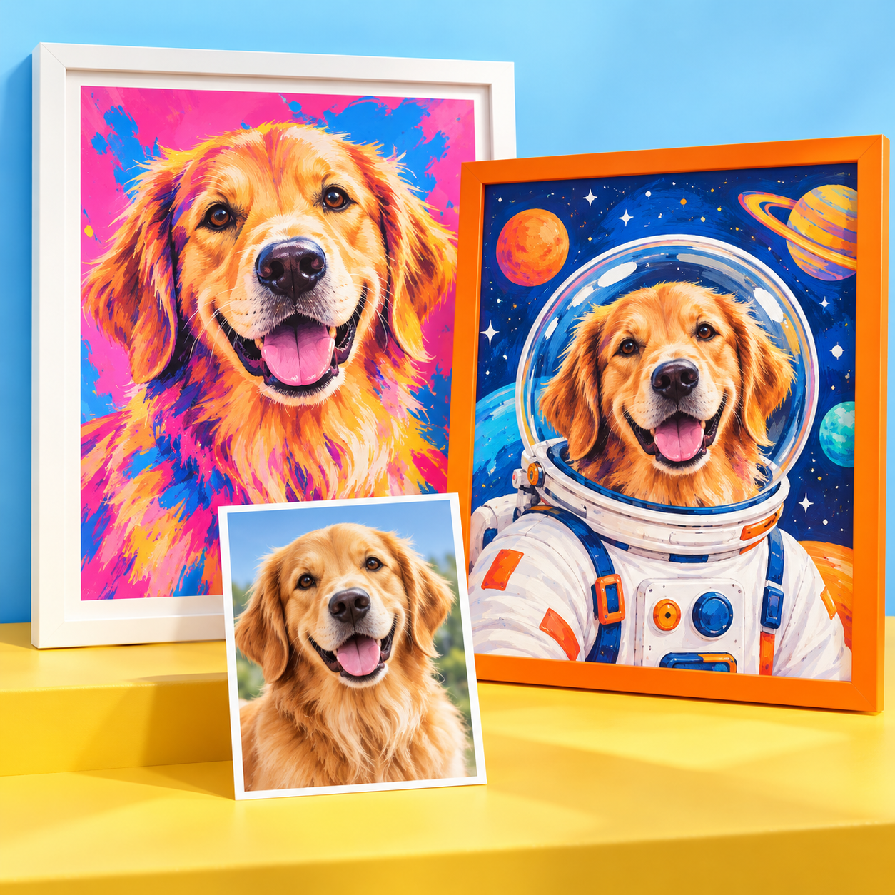 Playful pop-art and astronaut portraits beside a golden retriever photograph